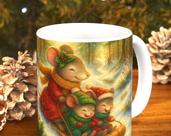 Sledding Christmas Mouse Coffee Mug, Cozy Holiday Drinkware for Mouse Lovers, Gift for Christmas, Winter Celebrations, Cute Kitchen Decor