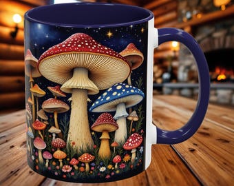 Mug champignon nocturne fantaisiste, forêt d'amanites vibrante avec étoiles, cadeau magique de champignons pour les amateurs de champignons et de nature (11, 15 oz)