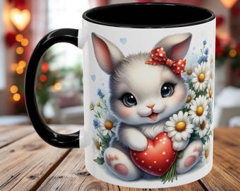 Adorable Bunny Mug, Cute Rabbit with Heart & Daisies, Perfect Gift for Animal Lovers, Easter, Valentine's Day and Cute Decor, Gift for Her