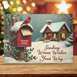 Planche à découper en verre de Noël personnalisée, style carte postale, scène enneigée avec cardinal, boîte aux lettres et cabane en rondins, cadeau de Noël personnalisable, boulanger