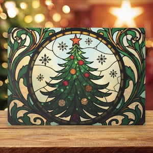 Stained Glass Christmas Tree Glass Cutting Board, Holiday Kitchen Decor, Festive Snowflake Design, Unique Christmas Gift Idea, Serving Board