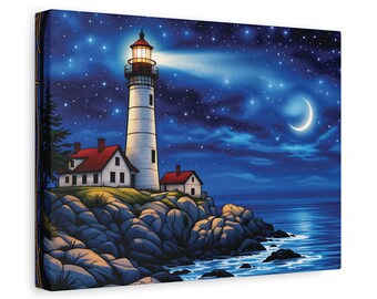 May include: A white lighthouse with a red roof stands on a rocky shore under a starry night sky. The lighthouse beam shines brightly across the water, illuminating the crescent moon in the distance.