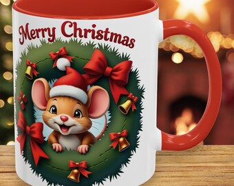 Adorable Mouse in Santa Hat Christmas Mug with Wreath 11oz, 15oz, Holiday Coffee Cup, Cute Festive Gift for Christmas, Animal Lover Gift