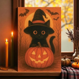 Halloween Witch Cat Art Print, Cute Black Kitten Poster, Fall Home Wall Decor, Pumpkin Artwork, Spooky Season Gift for Kids, FREE SHIPPING
