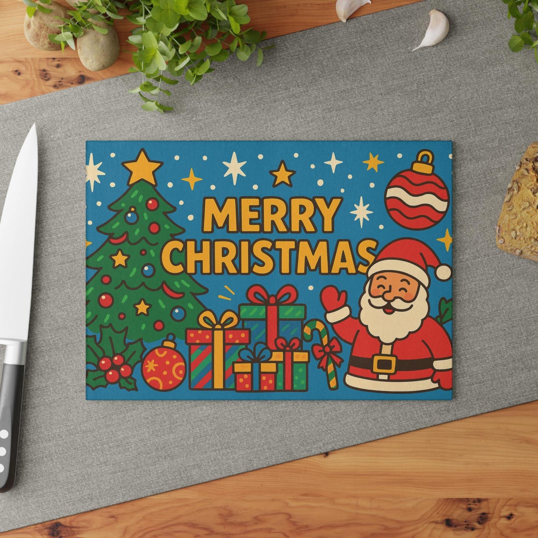 Merry Christmas Santa and Tree Glass Cutting Board | Holiday Kitchen ...