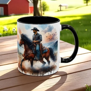 Cowboy on Horse Coffee Mug, Horse Lover Gift for Father&#39;s Day, Western Decor, Rustic Ranch Horseback Rider Mug, Country Morning Cowboy Art