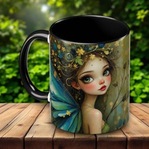 Whimsical Fairy Mug, Enchanting Woodland Fairy with Blue Wings and Gold Accents, Magical Gift for Fantasy Lovers and Fairytale Fans 11, 15oz