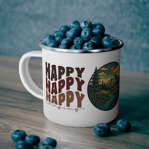 Outdoor Adventure Enamel Camping Mug, Happy Camping Design, Travel Mug, Hiking Gift, Nature Lover&#39;s Mug, Camping Coffee Cup, Woodland Gift