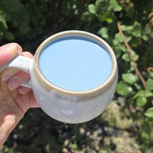 May include: A white ceramic mug with a light brown rim and handle, filled with a light blue liquid. The mug is held by a hand, with a green leafy background.