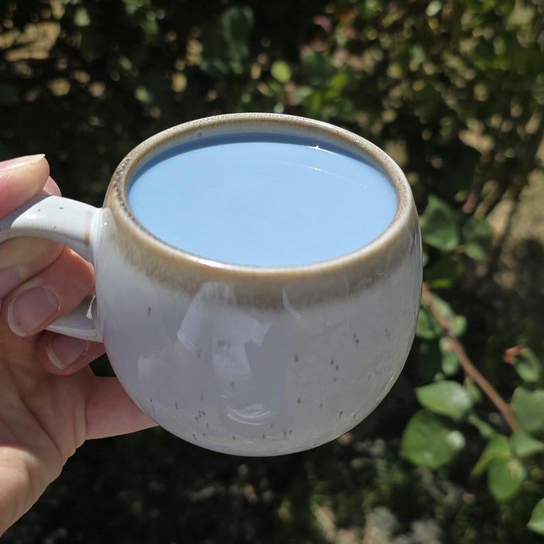 May include: A white ceramic mug with a light brown rim and handle, filled with a light blue liquid. The mug has a speckled design and is held against a blurred green background.