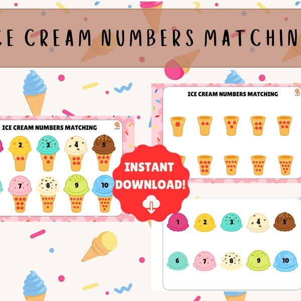 Números de combinación de helados, Números de aprendizaje del 1 al 10, Actividad preescolar, Actividad de jardín de infantes, Números coincidentes con puntos rojos