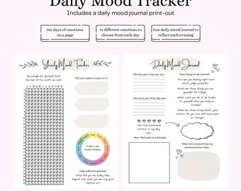 May include: A printable daily mood tracker with a yearly mood tracker on the left and a daily mood journal on the right. The yearly mood tracker has a grid for tracking moods for each day of the year. The daily mood journal has prompts for reflecting on the day's best and worst parts, emotions, and gratitude.