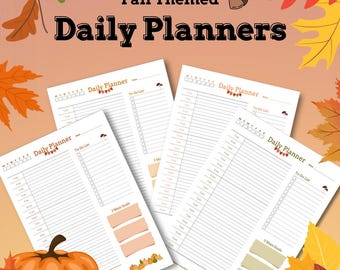 May include: Four printable daily planner pages with a fall theme. Each page has a space for a to-do list, three main goals, and a time schedule from 7 am to 8 pm. The pages are decorated with fall leaves, pumpkins, and acorns.