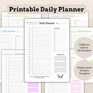 May include: Printable daily planner templates in seven different colors. Each template features a unique quote and a panda bear illustration. The planner includes sections for to-do lists, main goals, and time slots.