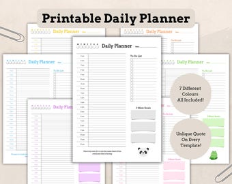 May include: Printable daily planner templates in seven different colors. Each template features a unique quote and a panda bear illustration. The planner includes sections for to-do lists, main goals, and time slots.