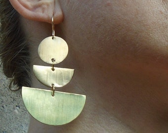Gold Disc Earrings, Semi Circle Earrings, Geometric Earrings, Moon Earrings, Sun Earrings, Dangle Earrings, Semi Circle Earrings,