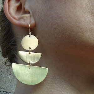 Gold Geometric Dangle Earrings: Brass Semi Circle Design