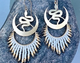 Gold Snake Moon Beaded Dangle Earrings