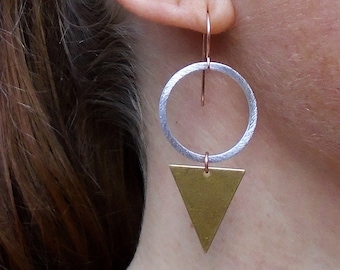 Geometric Earrings, Triangle Dangle Earrings, Mix Metal Earrings