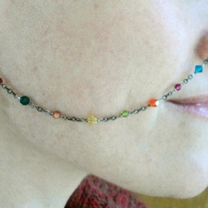 Oxidized Sterling Silver Nose Chain: Rainbow Swarovski Crystals, Gold Filled Ring