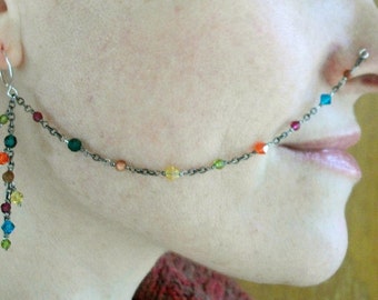 Oxidized Sterling Silver Nose Chain: Rainbow Swarovski Crystals, Gold Filled Ring