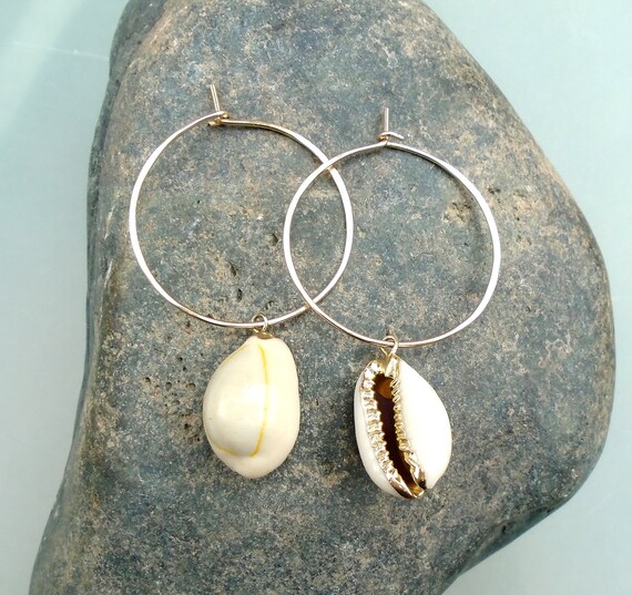 Cowrie Hoops, Cowry Hoop Earrings, Medium Hoops, Gold Jewelry, Cowrie Shell  Jewelry, Sea Glass