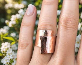 Hammered Copper Ring – Handmade Adjustable Statement Wrap Ring – Artisan Minimalist Jewelry