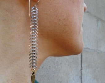 Mix Metal Fishbone Chain Earrings, Long Chain Earrings, Dangle Earrings, Metal Earrings