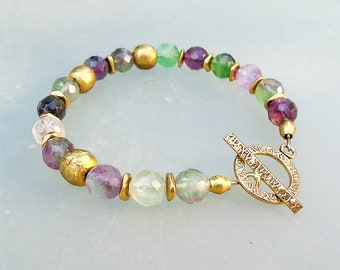 Fluorite Bracelet, Green & Purple Fluorite Beads, Raw Brass Bracelet, Healing Bracelet, Stone Bracelet