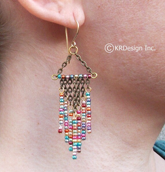 Rainbow Beaded Chandelier Earrings Gold Earrings Metallic Etsy