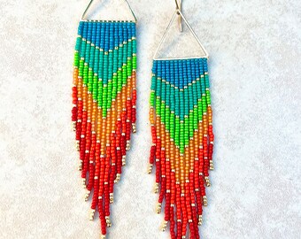 Macaw Colorful Rainbow Long Dangle Beaded Earrings