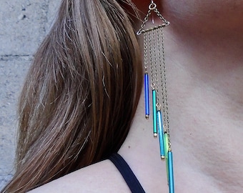 Beaded Long Dangle Earrings, Chain Earrings, Peacock Chandelier Earrings, Vintage Glass Bugle Tube Beads