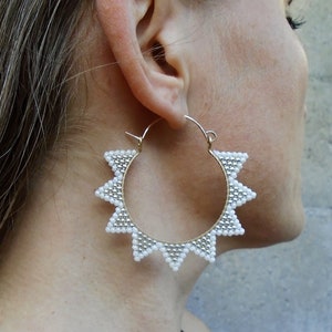 White Silver Beaded Gold Hoops, Metal Hoops, Light Weight Hoops, Gold Earrings, Star Hoops, Bridal Earrings