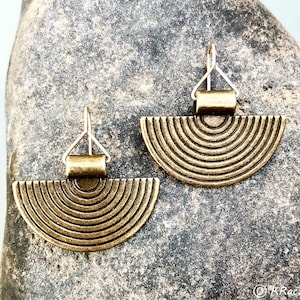 Gold Moon Dangle Earrings: Antiqued Brass Half Circle