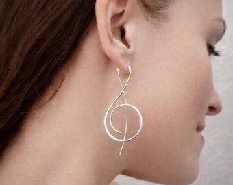 Sterling Silver Treble Clef Earrings - Music Lover Gift - Minimalist Threader Earrings - 20Ga, 18Ga, 16Ga