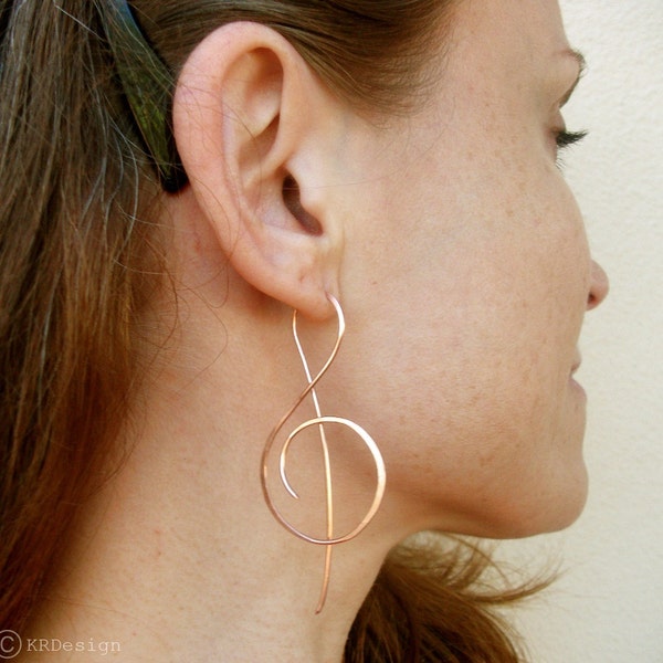Treble Clef Earrings, Rose Gold Earrings, Threader Earrings, Music Note Earrings, Copper Earrings