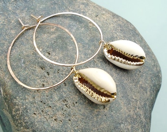 Natural Cowry Shell Earrings, Golden Shell Hoops, Hammered Hoop Earrings