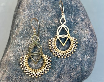 Geometric Gold Metallic Beaded Dangle Earrings