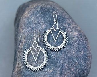 Silver Geometric Beaded Dangle Earrings