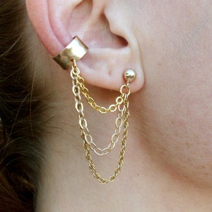 Gold Chain Ear Cuff, Hammered Ear Cuff, Triple Chain Ear Cuff, Custom Ear Cuff, Gold Stud Earrings, Free US Shipping