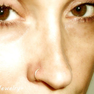 May include: Close-up of a person's face with a small gold nose ring. The person has brown eyes and light skin.