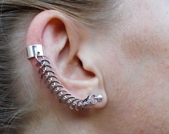 Silver Chain Ear Cuff, Ear Climbers, Fishbone Chain Cuff, Silver Ball Post Earrings, Body Jewelry, Wrap Earrings