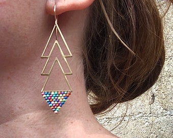 Mix Color Beaded Earrings, Triangle Earrings, Rainbow Earrings, Dangle Earrings