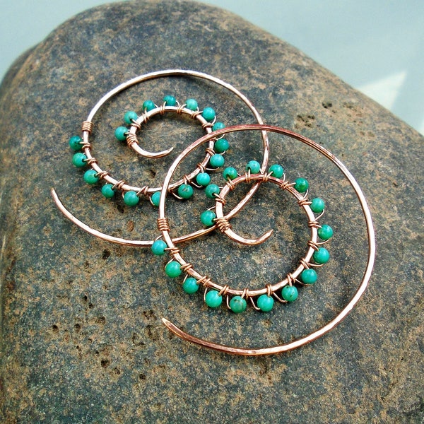Rose Gold Hoops, Turquoise Spiral Earring, Hammered Metal Treaders, Blue Gem Hoops, Gauged Earrings