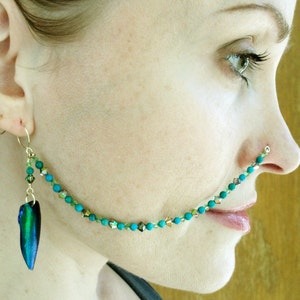 Turquoise Nose Chain: Beetle Wing Dangle, Swarovski Crystal, 14K Gold Filled