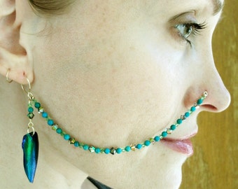 Turquoise Nose Chain, Beetle Wing Nose Chain, Crystal Nose Chain, Custom Nose Chain, Mermaid Nose Chain, Free US Shipping