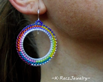 Multi Color Beaded Dangle Hoop Earrings