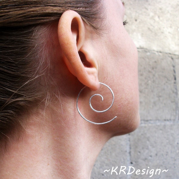 Spiral Hoop Earrings, Hammered Hoop Earrings, Sterling Silver Spiral Hoop Earrings, Custom Earrings, Free US Shipping