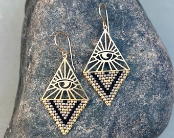 Gold Triangle Eye Beaded Drop Earrings