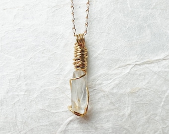 Handmade Clear Quartz Point Pendant, Gold Wire Wrapped Necklace